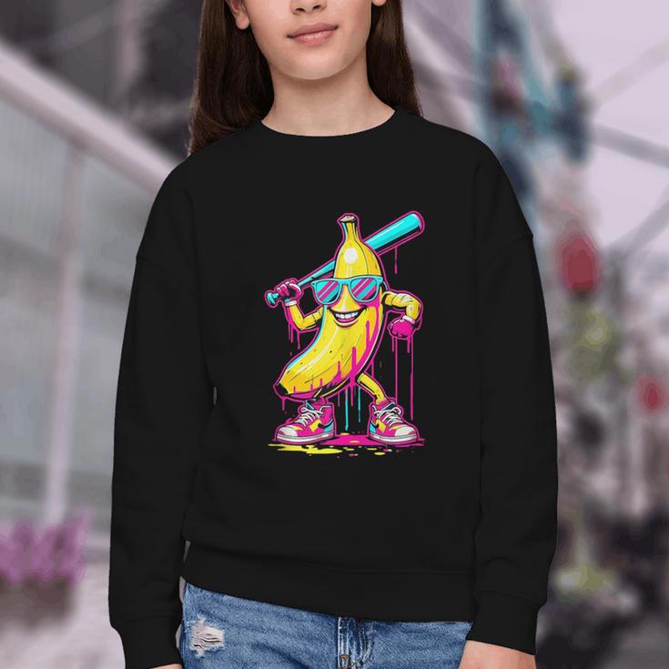 Banana With Baseball Bat Street Baseball Drip Youth Crewneck Sweatshirt