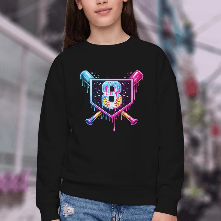 Baseball 8 Year Old Ice Cream Drip 8th Birthday Party Youth Crewneck Sweatshirt Baseball 8 Year Old Ice Cream Drip 8th Birthday Party Youth Crewneck Sweatshirt