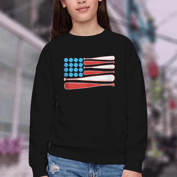 Baseball American Flag Patriotic USA Pride Youth Crewneck Sweatshirt