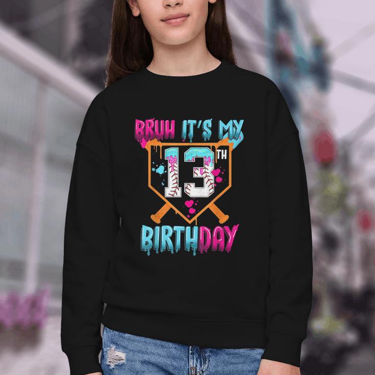 Baseball Drip Bruh It's My 13th Birthday Boy Ice Cream Drip Youth Crewneck Sweatshirt