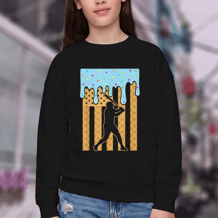 Baseball Drip Dripping Ice Cream Sport Player American Flag Youth Crewneck Sweatshirt