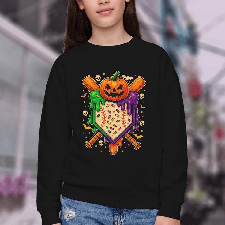 Baseball Drip Ice Cream Drip Halloween Baseball Lovers Youth Crewneck Sweatshirt