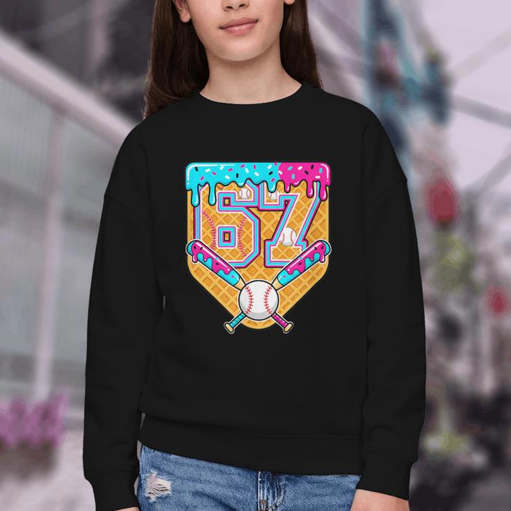Baseball Drip Number 67 Ice Cream Home Plate Drip Youth Crewneck Sweatshirt Baseball Drip Number 67 Ice Cream Home Plate Drip Youth Crewneck Sweatshirt