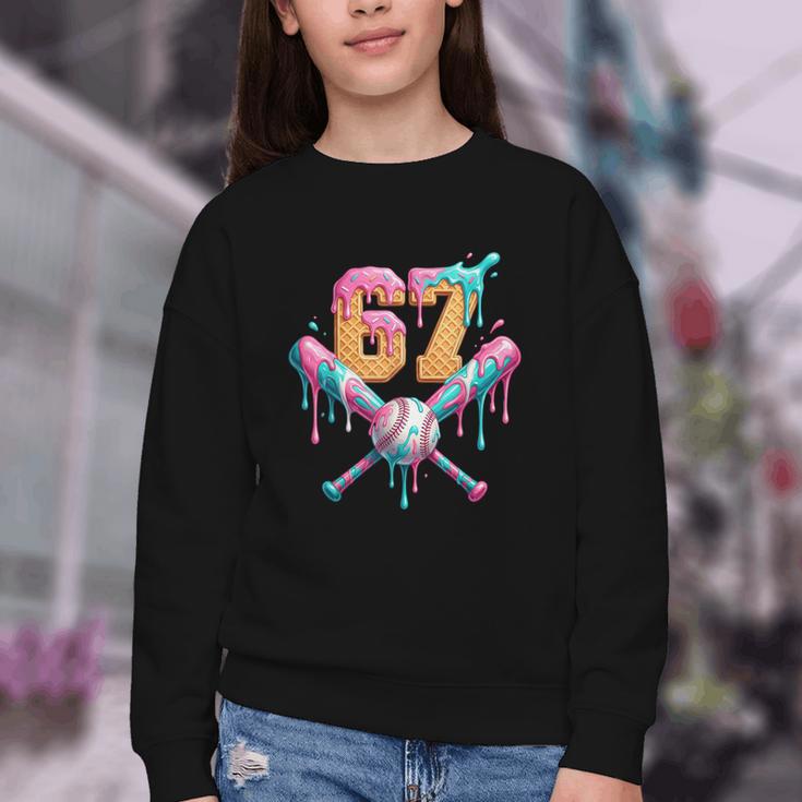 Baseball Drip Number 67 Player Youth Crewneck Sweatshirt