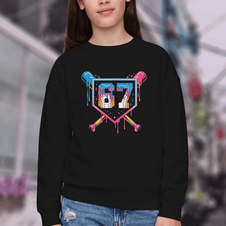 Baseball Ice Cream Drip Number 67 Player 67th Birthday 6 7 Youth Crewneck Sweatshirt