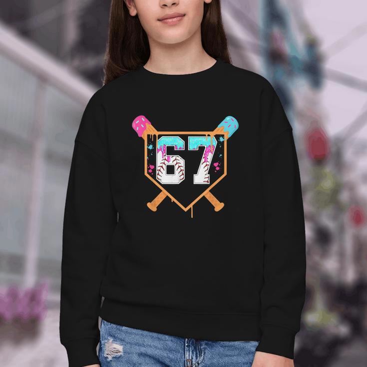 Baseball Ice Cream Drip Number 67 Player Six Seven Meme 6 7 Youth Crewneck Sweatshirt Baseball Ice Cream Drip Number 67 Player Six Seven Meme 6 7 Youth Crewneck Sweatshirt