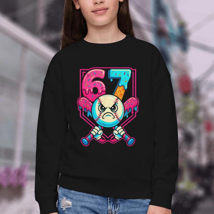 Baseball Ice Cream Drip Number 67 Six Seven Meme 67 Youth Crewneck Sweatshirt Baseball Ice Cream Drip Number 67 Six Seven Meme 67 Youth Crewneck Sweatshirt
