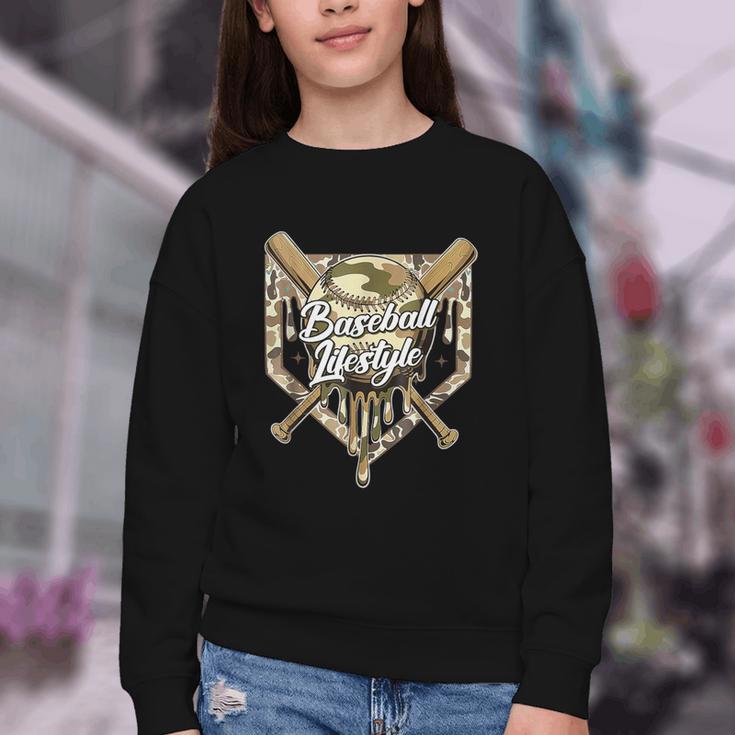 Baseball Life Lifestyle Home Plate Camo Ice Cream Drip Kids Youth Crewneck Sweatshirt