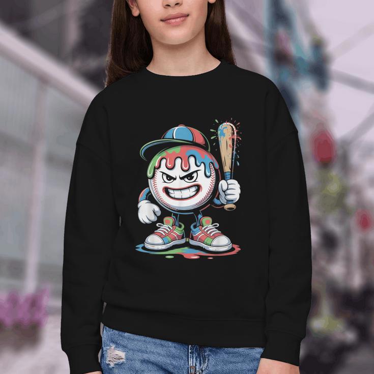 Baseball Mascot Attitude Graffiti Splash Bat Cap Youth Crewneck Sweatshirt Baseball Mascot Attitude Graffiti Splash Bat Cap Youth Crewneck Sweatshirt