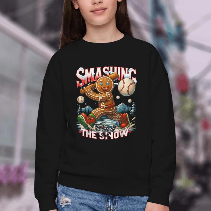 Baseball Player Christmas Gingerbread Smashing Through Snow Youth Crewneck Sweatshirt Baseball Player Christmas Gingerbread Smashing Through Snow Youth Crewneck Sweatshirt