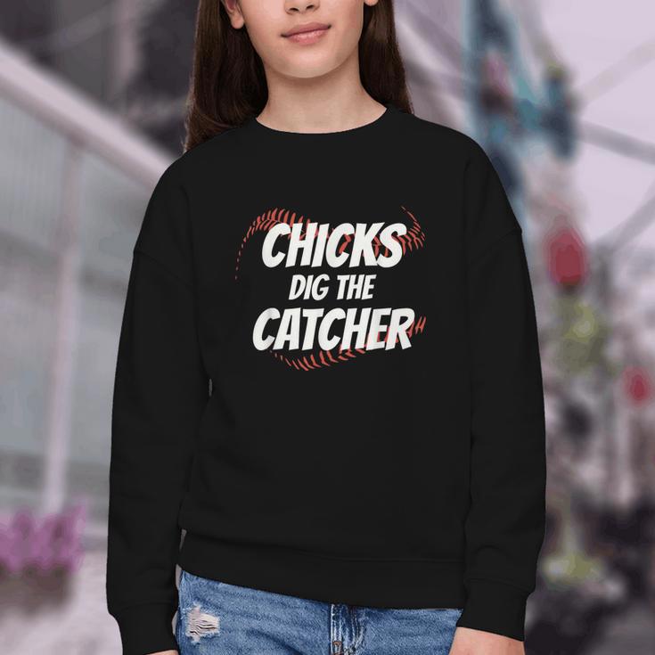 Baseball Seams Chicks Dig The Catcher Youth Crewneck Sweatshirt