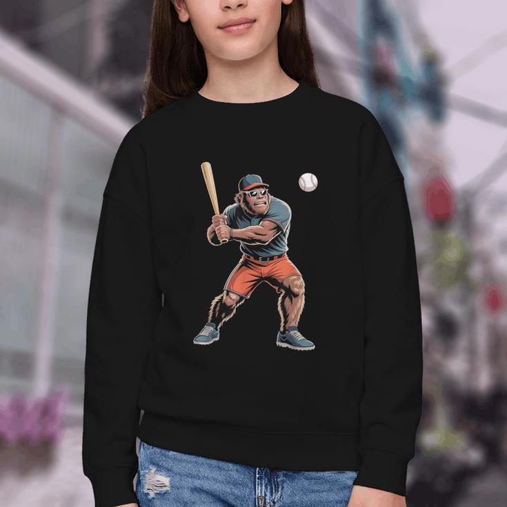 Bigfoot Playing Baseball Boys Kids Men Baseball Player Youth Crewneck Sweatshirt