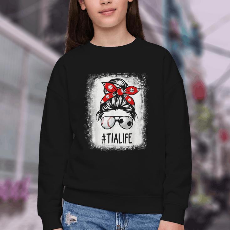 Bleached Tia Life Soccer Messy Bun Baseball Game Day Youth Crewneck Sweatshirt Bleached Tia Life Soccer Messy Bun Baseball Game Day Youth Crewneck Sweatshirt