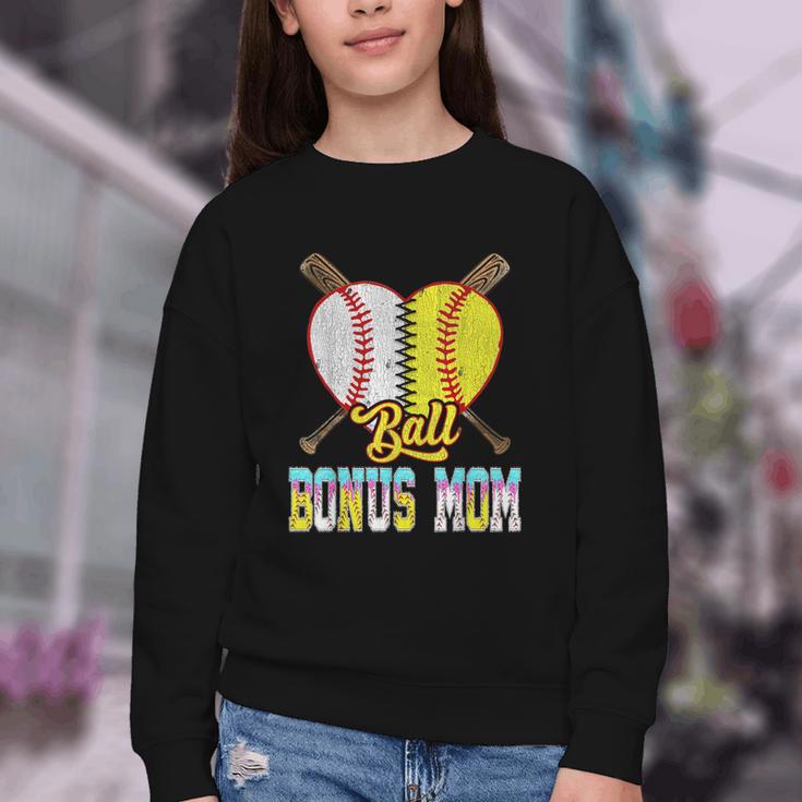 Bonus Mom Of Both Half Baseball Softball Ice Cream Drip Youth Crewneck Sweatshirt