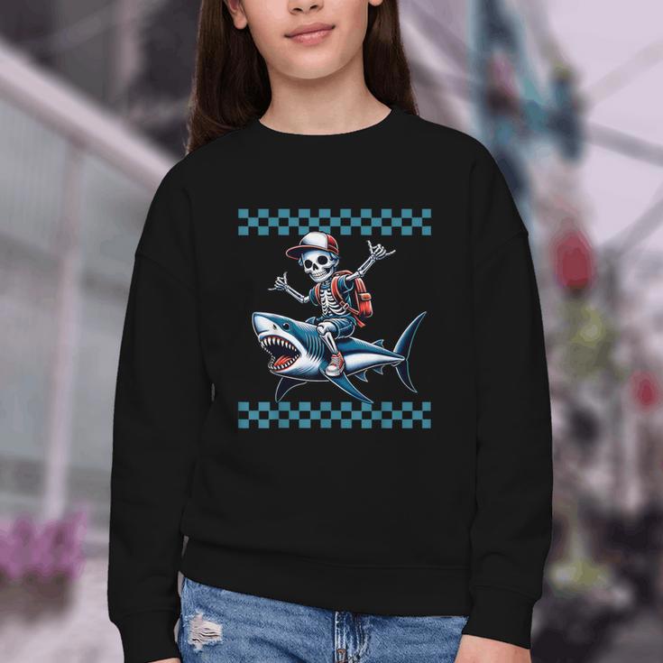 Boys Skeleton Riding a Shark Back To School Youth Crewneck Sweatshirt