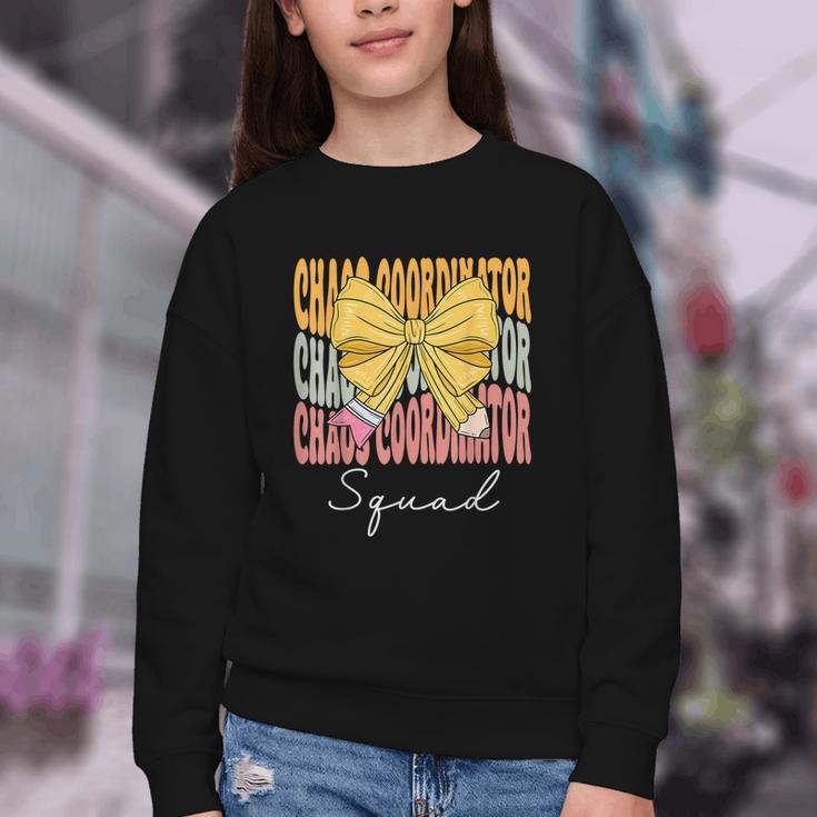 Chaos Coordinator Squad Groovy Coquette Bow Back To School Youth Crewneck Sweatshirt
