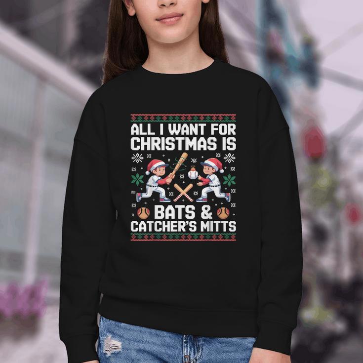 Christmas Baseball Bats Catcher Mitts Holiday Tee Youth Crewneck Sweatshirt