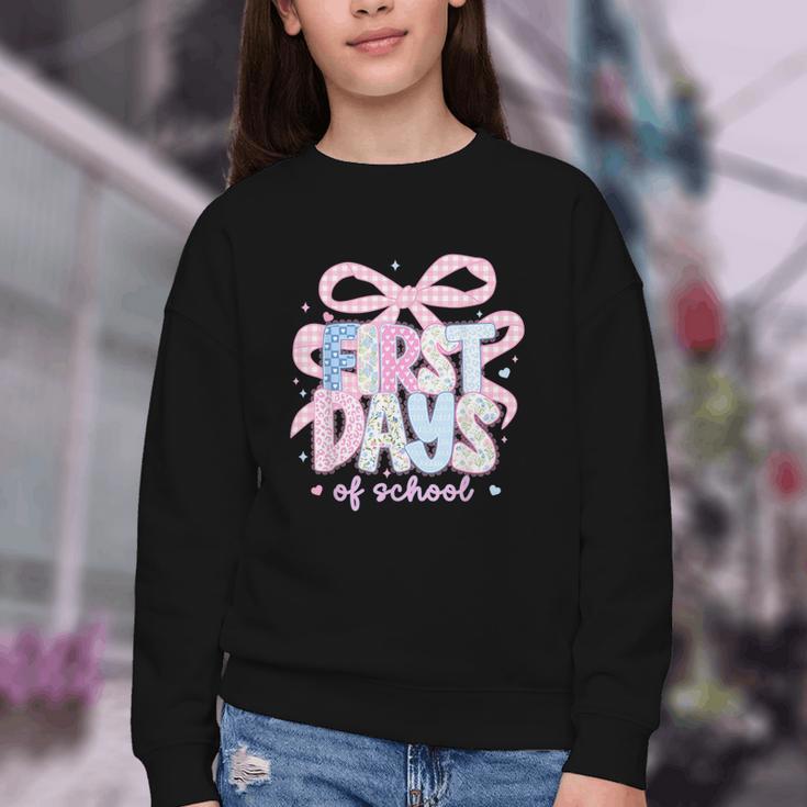 Coquette Bow Happy First Day Of School Back To School Retro Youth Crewneck Sweatshirt Coquette Bow Happy First Day Of School Back To School Retro Youth Crewneck Sweatshirt