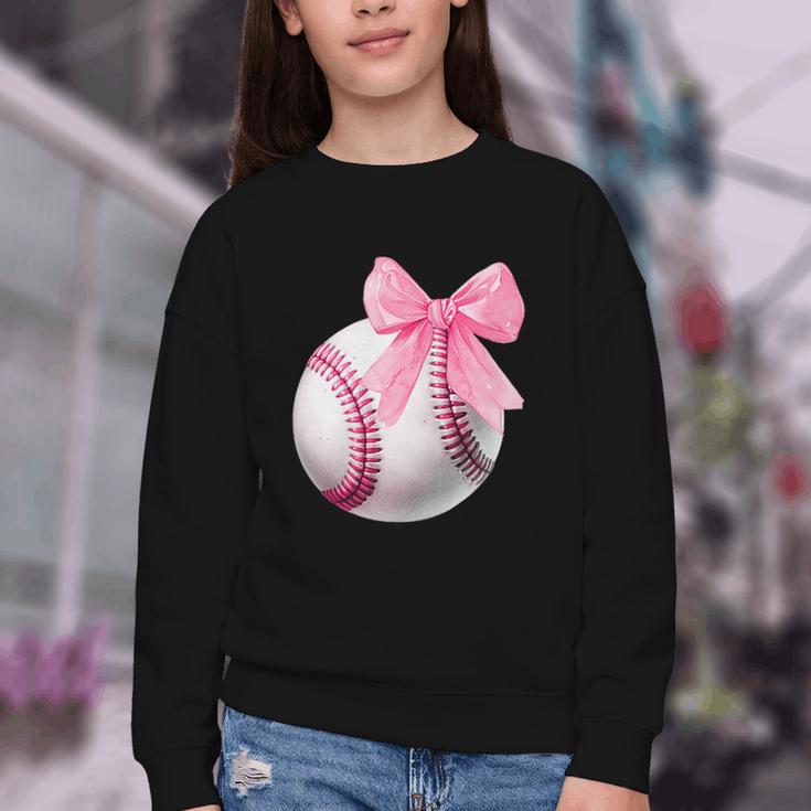 Cute Coquette Baseball Pink Bow Player & Fan Girls Youth Crewneck Sweatshirt Cute Coquette Baseball Pink Bow Player & Fan Girls Youth Crewneck Sweatshirt