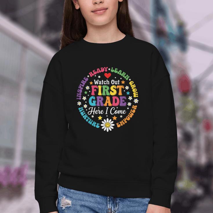 Cute Watch Out First Grade Here I Come Back To School Youth Crewneck Sweatshirt