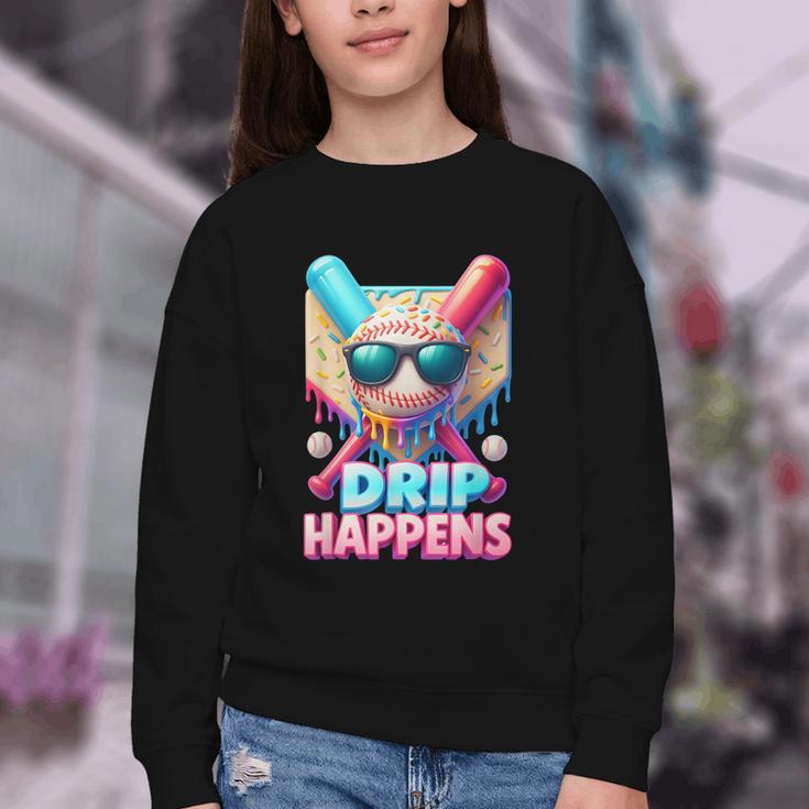 Drip Happens Baseball Ice Cream Bat And Ball With Sunglasses Youth Crewneck Sweatshirt