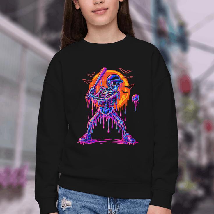 Drip Skeleton Batting Baseball Halloween Youth Crewneck Sweatshirt