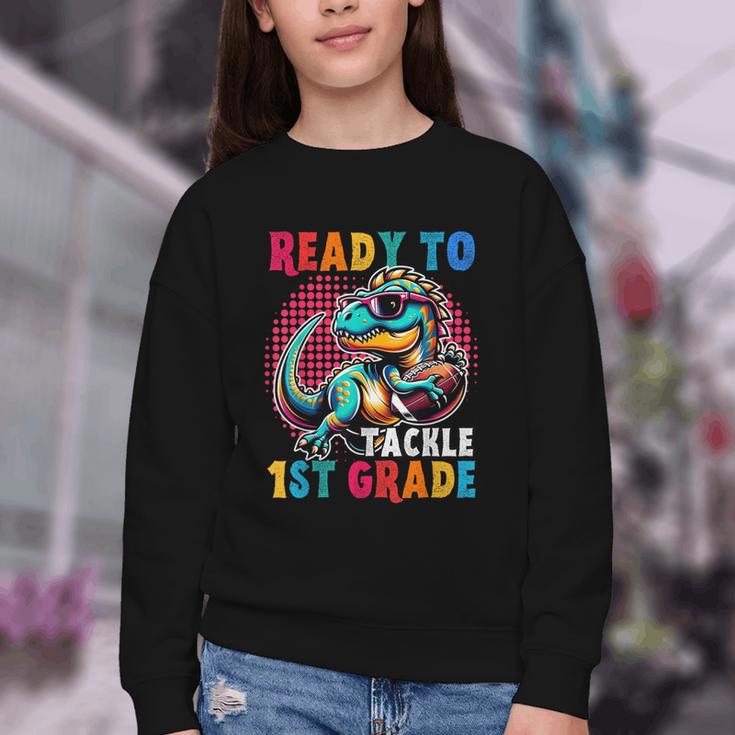 First Day Back To School 1st Grade Boys Football Dinosaur Youth Crewneck Sweatshirt