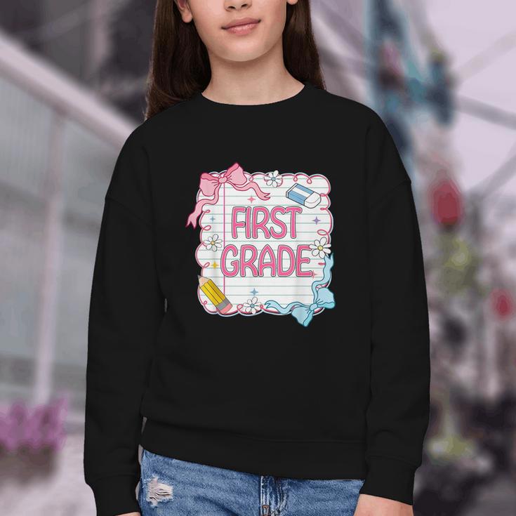 First Grade Back To School Girls Kids Coquette Bows Retro Youth Crewneck Sweatshirt First Grade Back To School Girls Kids Coquette Bows Retro Youth Crewneck Sweatshirt