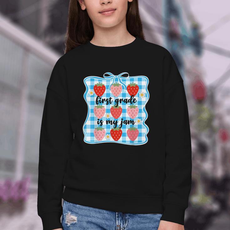 First Grade Is My Jam Strawberry 1st Grade Back To School Youth Crewneck Sweatshirt
