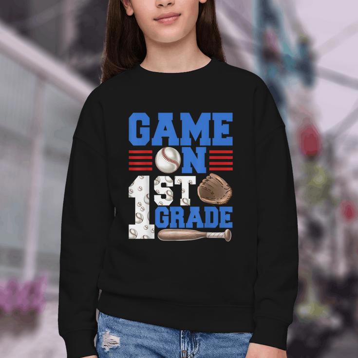 Game On First Grade Boy Baseball Back To School Youth Crewneck Sweatshirt Game On First Grade Boy Baseball Back To School Youth Crewneck Sweatshirt