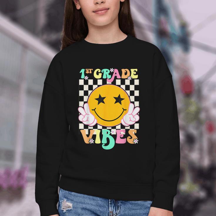 Girls 1st Grade Vibes Smile Face Back To School 1st Grade Youth Crewneck Sweatshirt Girls 1st Grade Vibes Smile Face Back To School 1st Grade Youth Crewneck Sweatshirt
