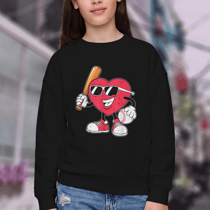 Heart Play Baseball Valentine's Day Teens Boys Girls Kids Youth Crewneck Sweatshirt