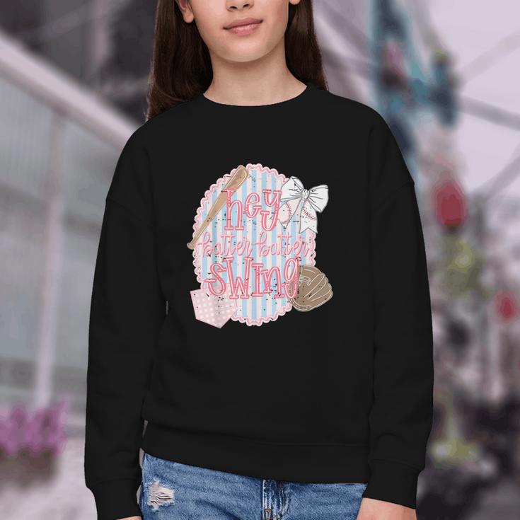 Hey Batter Batter Swing Baseball Game Day Coquette Bow Girly Youth Crewneck Sweatshirt