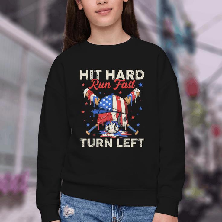 Hit Hard Run Fast Turn Left Baseball Cream Drip Crossed Bats Youth Crewneck Sweatshirt