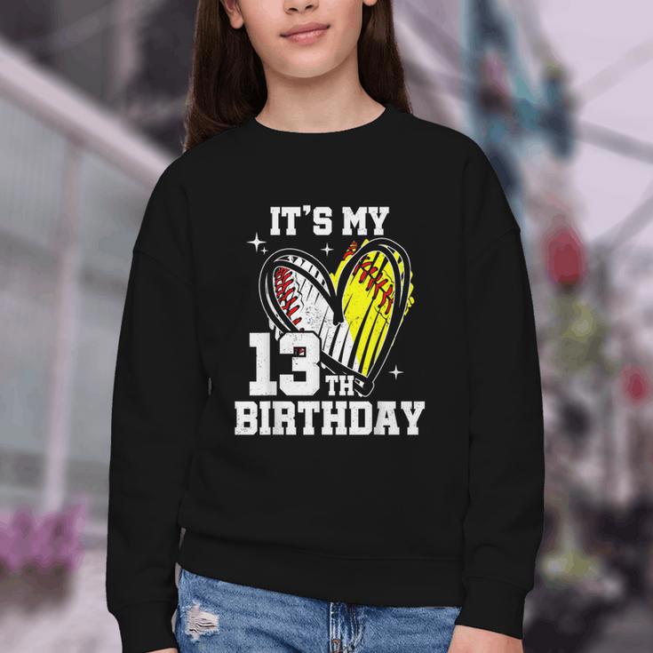 It's My 13th Birthday Baseball Softball Heart 13 Year Old Youth Crewneck Sweatshirt It's My 13th Birthday Baseball Softball Heart 13 Year Old Youth Crewneck Sweatshirt