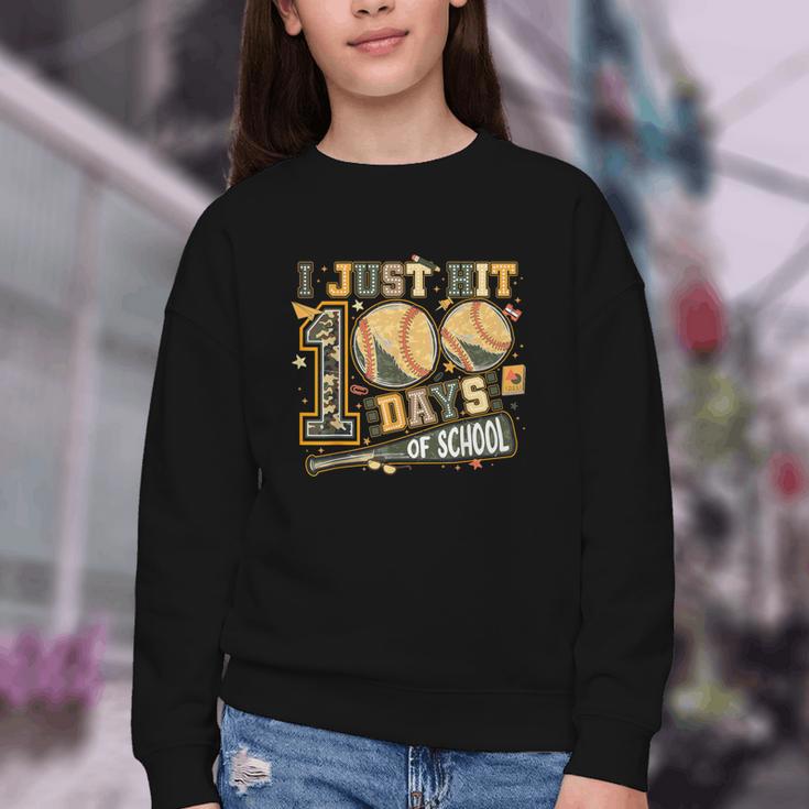 I Just Hit 100 Days Of School Camo Baseball Boy Kids Teacher Youth Crewneck Sweatshirt