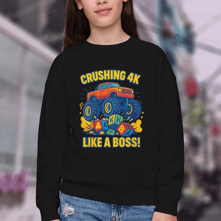 Kids 4k Boys Back To School Shirt Monster Truck Crushing 4k Youth Crewneck Sweatshirt