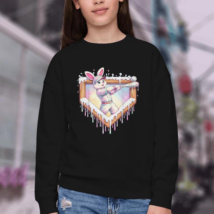 Kids Happy Easter Bunny Playing Baseball Boy Ice Cream Drip Youth Crewneck Sweatshirt