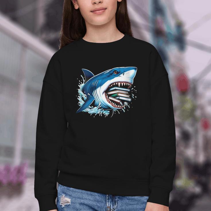 Kids Shark With School Books Back To School Shark Lovers Youth Crewneck Sweatshirt Kids Shark With School Books Back To School Shark Lovers Youth Crewneck Sweatshirt