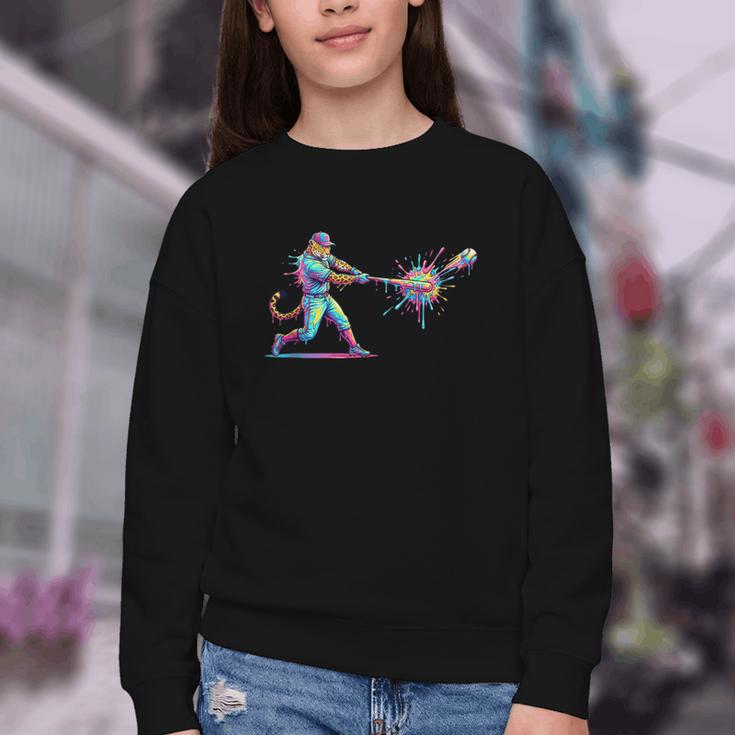 Leopard Baseball Player Ice Cream Drip For Boys Kids Youth Crewneck Sweatshirt