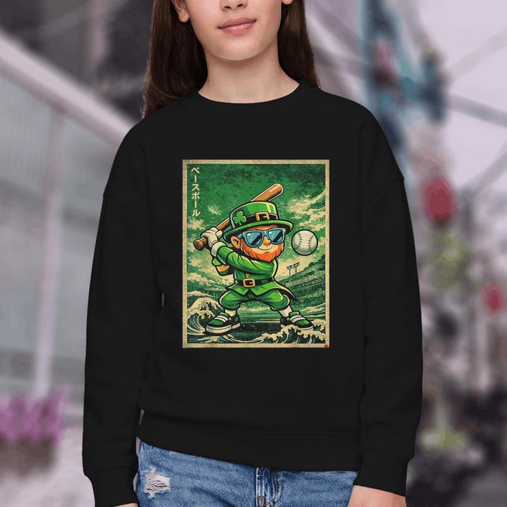 Leprechaun Playing Baseball Japanese Art St Patricks Day Youth Crewneck Sweatshirt
