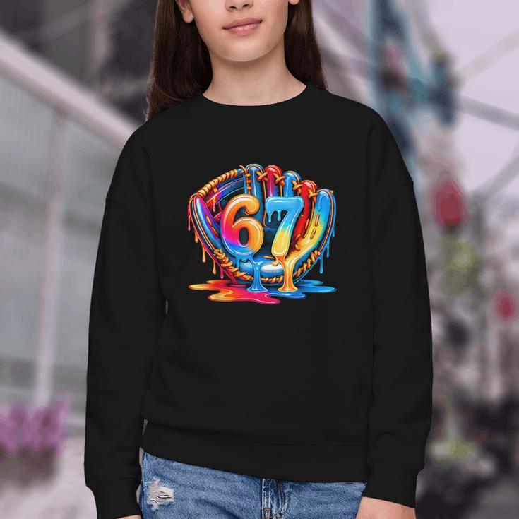 Number 67 Baseball Glove Ice Cream Drip Six Seven Meme Youth Crewneck Sweatshirt Number 67 Baseball Glove Ice Cream Drip Six Seven Meme Youth Crewneck Sweatshirt