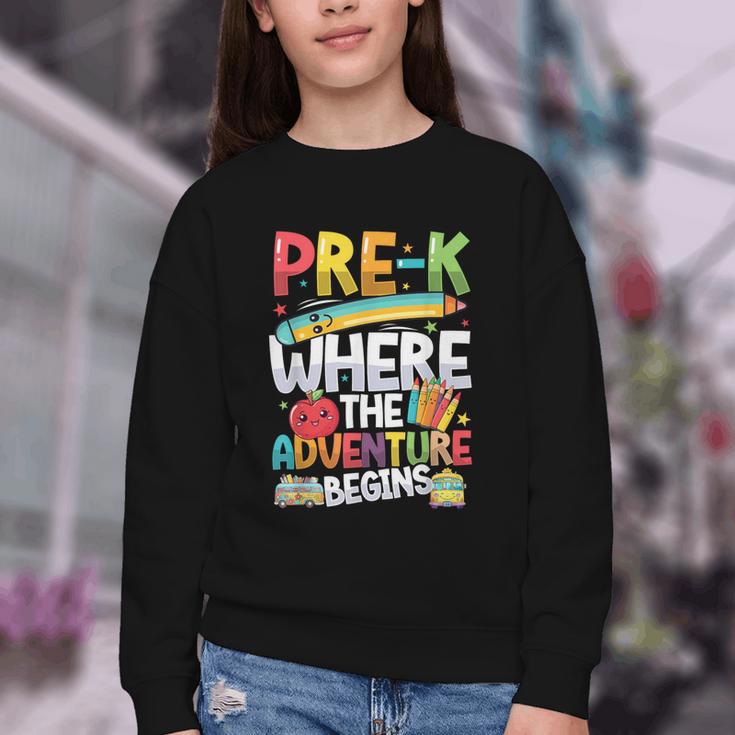 Pre-K Where The Adventure Begins First Day & Back To School Youth Crewneck Sweatshirt Pre-K Where The Adventure Begins First Day & Back To School Youth Crewneck Sweatshirt
