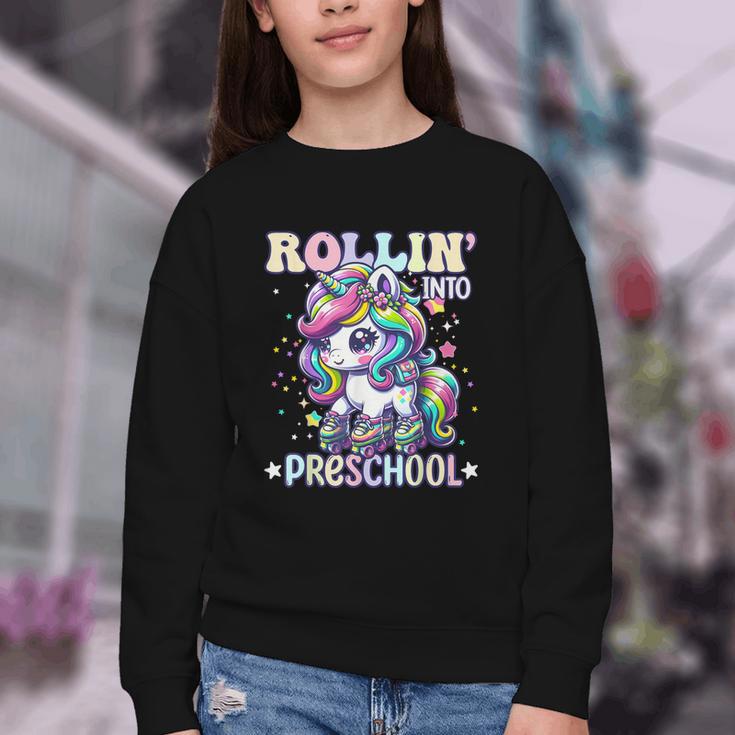 Preschool Back To School First Day Girls PreK Rollin Unicorn Youth Crewneck Sweatshirt Preschool Back To School First Day Girls PreK Rollin Unicorn Youth Crewneck Sweatshirt