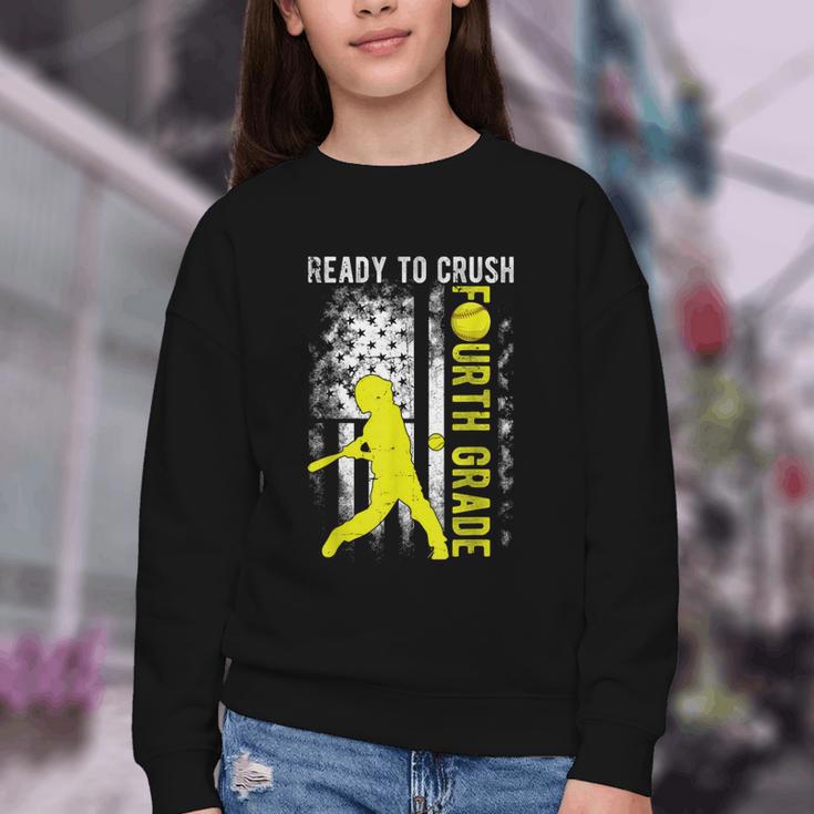Ready To Crush Fourth Grade Softball USA Flag Back To School Youth Crewneck Sweatshirt Ready To Crush Fourth Grade Softball USA Flag Back To School Youth Crewneck Sweatshirt