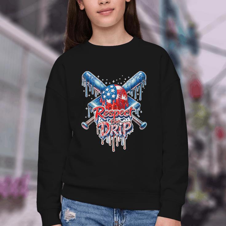Respect The Drip Baseball American Flag Ice Cream Drip Youth Youth Crewneck Sweatshirt Respect The Drip Baseball American Flag Ice Cream Drip Youth Youth Crewneck Sweatshirt