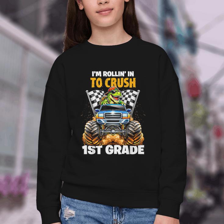 Rollin Crush Dinosaur Monster Truck Back To School 1st Grade Youth Crewneck Sweatshirt Rollin Crush Dinosaur Monster Truck Back To School 1st Grade Youth Crewneck Sweatshirt