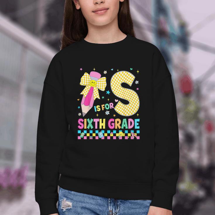 S Is For Sixth Grade Back To School Pencil Bow 6th Grade Kid Youth Crewneck Sweatshirt