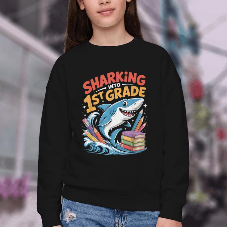 Sharking Into 1st Grade Back To School Shark Youth Crewneck Sweatshirt
