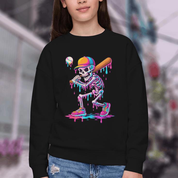 Skelton Playing Baseball Halloween Baseball Drip Boys Kids Youth Crewneck Sweatshirt